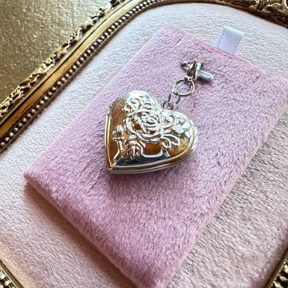 Heart Locket Charm Pendant With Floral Design In Stainless Steel Lobster Clasp - Picture 12 of 16